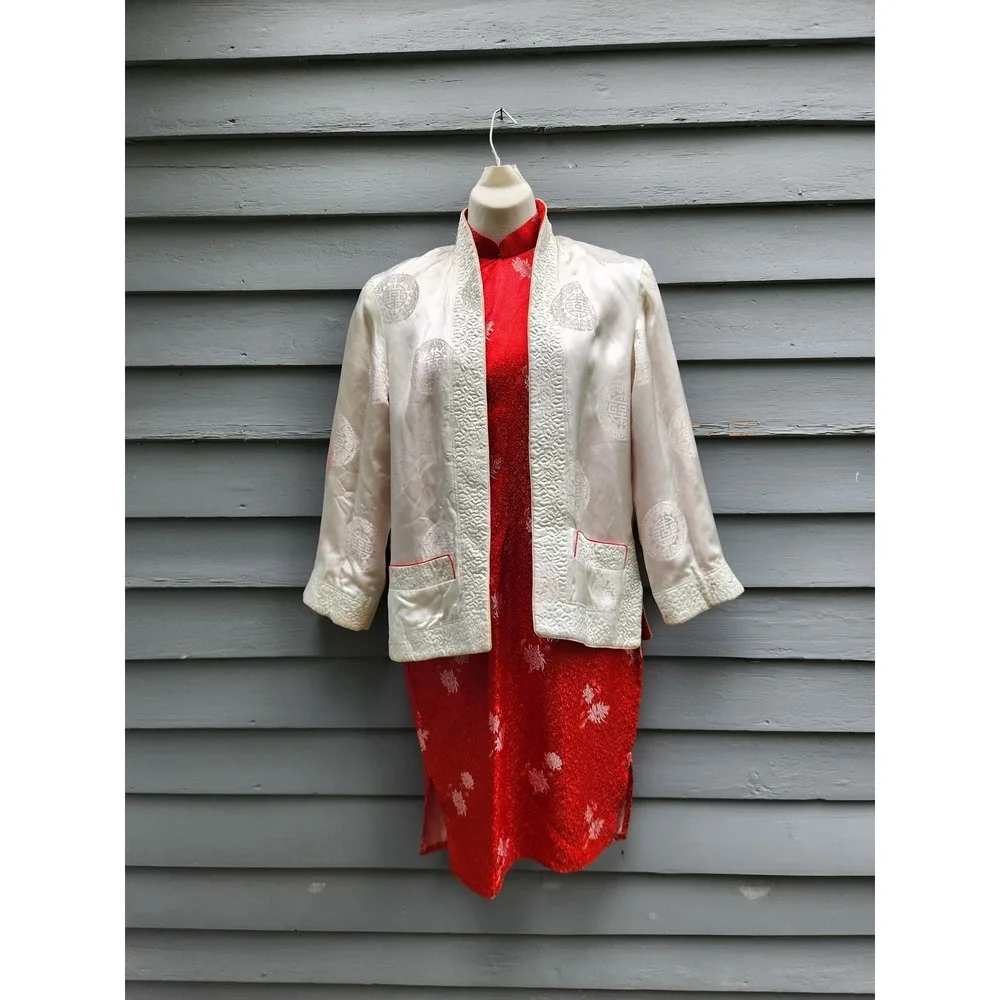 Vintage Silk Brocade Cheongsam Qipao Dress & Jacket Set Red White Small